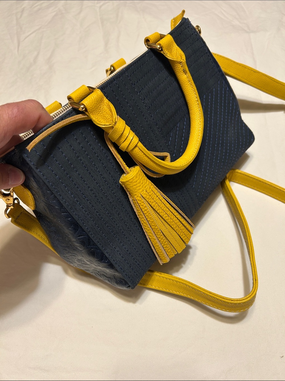 Navy and Yellow Leather-Trim Crossbody Satchel
